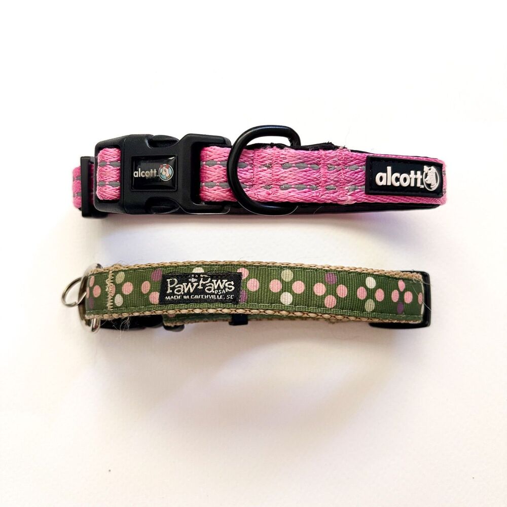 Dog Collars Lot of 2 Girl Adjustable Small Medium Reflective Stripes Polka Dots